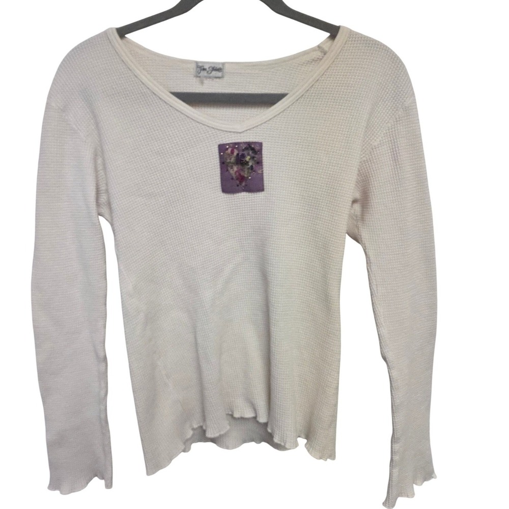 Vintage 90s Y2K White Thermal Long‎ Sleeve Top Embellished Heart Floral Applique
